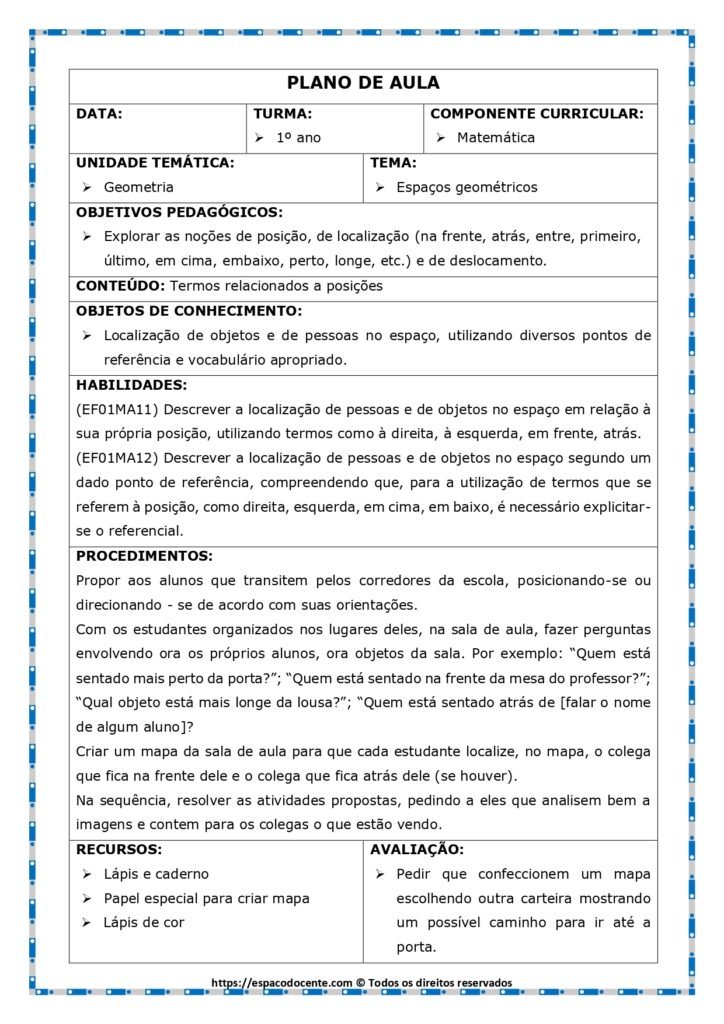 Plano de aula de Matemática 1º ano – Espaços geométricos: termos relacionados a posições, com atividades alinhadas à BNCC.