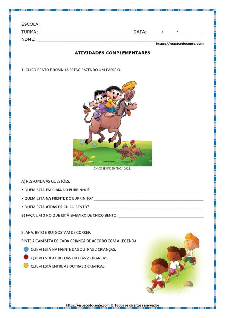 Plano de aula de Matemática 1º ano – Espaços geométricos: termos relacionados a posições, com atividades alinhadas à BNCC.