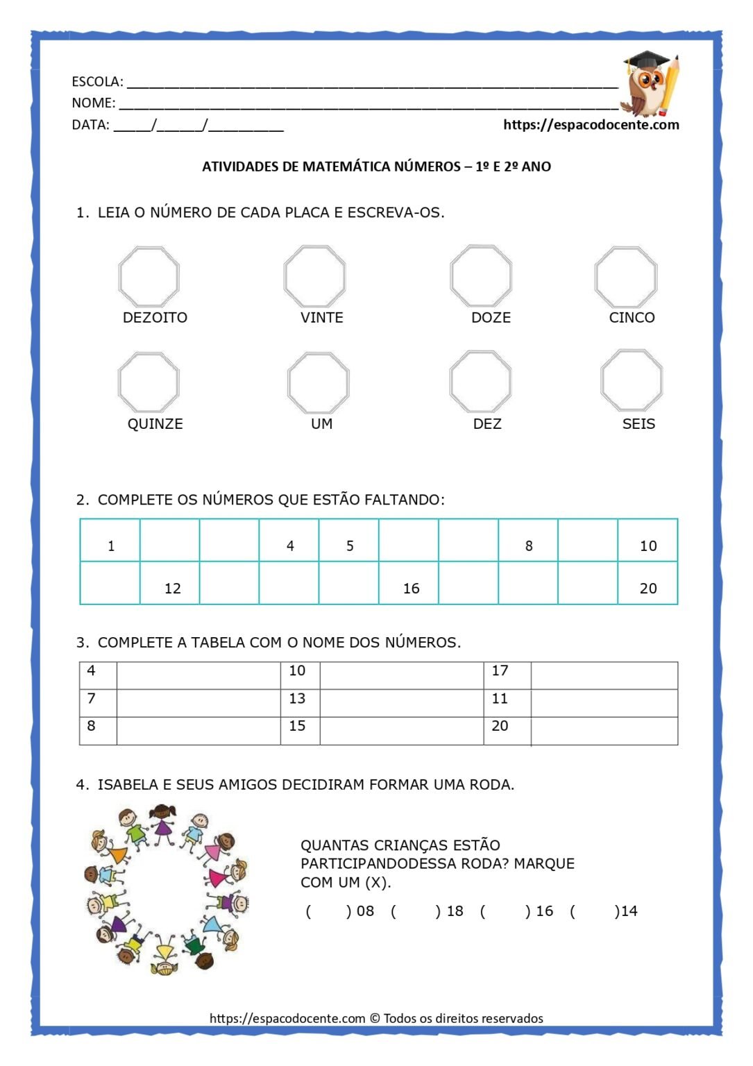 ATIVIDADES DE MATEMÁTICA NÚMEROS – 1º E 2º ANO - ESPAÇO DOCENTE