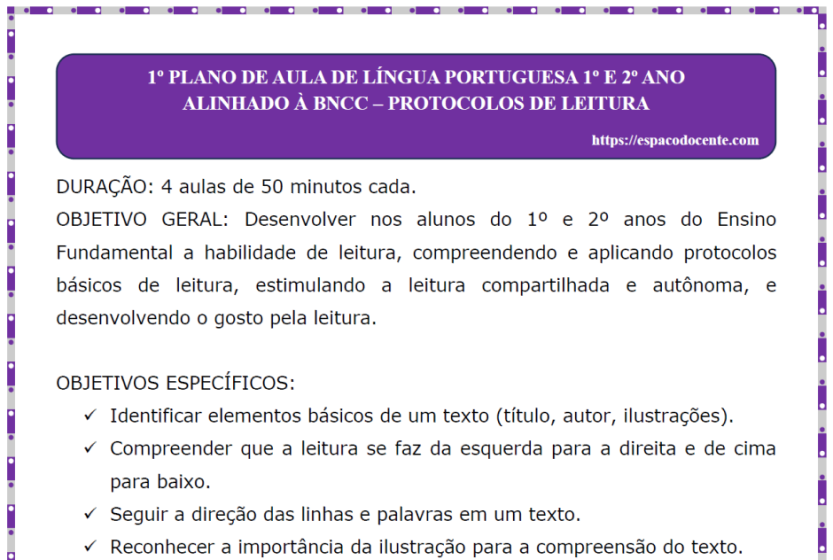 1º Plano de aula de português 1º e 2º ano – Leitura e compreensão de texto (Protocolos de leitura), alinhado à BNCC.