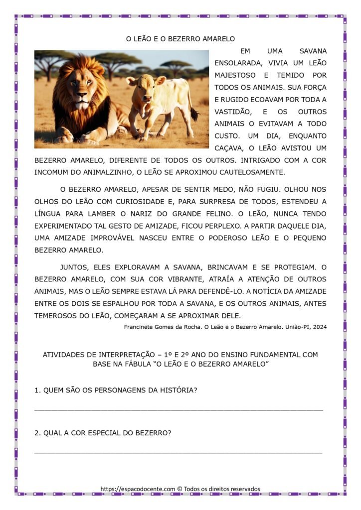 Atividades de Interpretação de texto “O Leão e o Bezerro Amarelo” para o 2º e 3º ano do Ensino Fundamental alinhada à BNCC