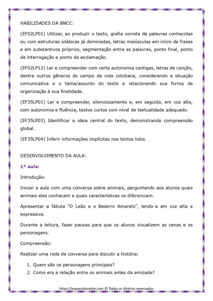 Plano de aula “O Leão e o Bezerro Amarelo” - 2º e 3º ano do Ensino Fundamental alinhado à BNCC