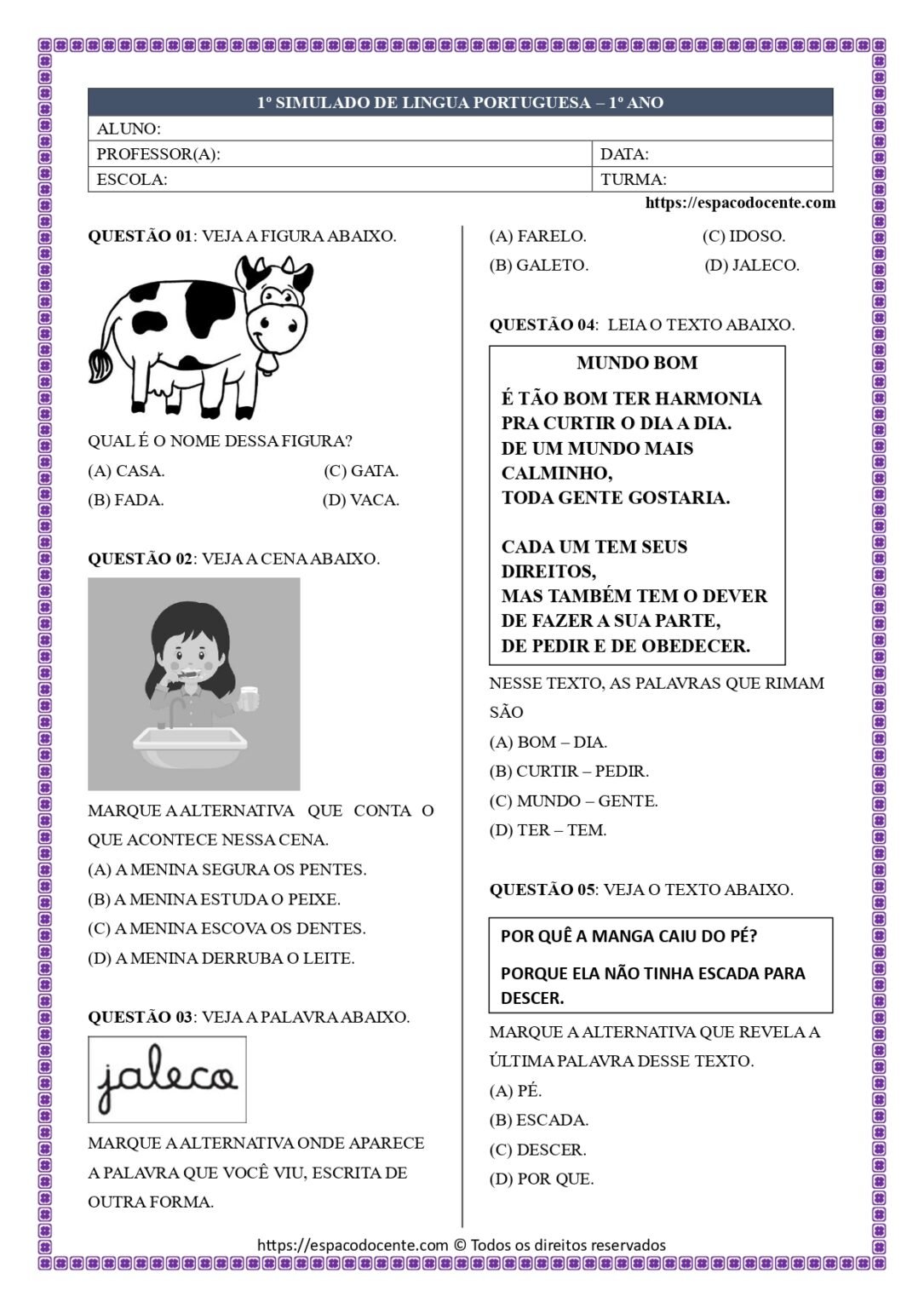 1º SIMULADO DE PORTUGUÊS – 1º ANO - ESPAÇO DOCENTE