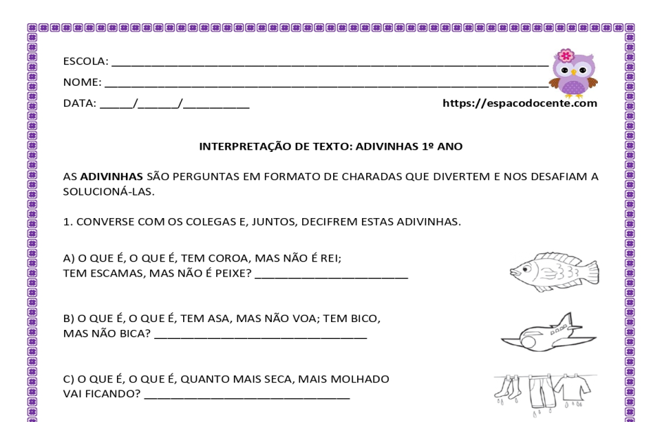 Atividades de interpretação de texto Adivinhas 1º ano do Ensino Fundamental, com planejamento alinhado à BNCC.