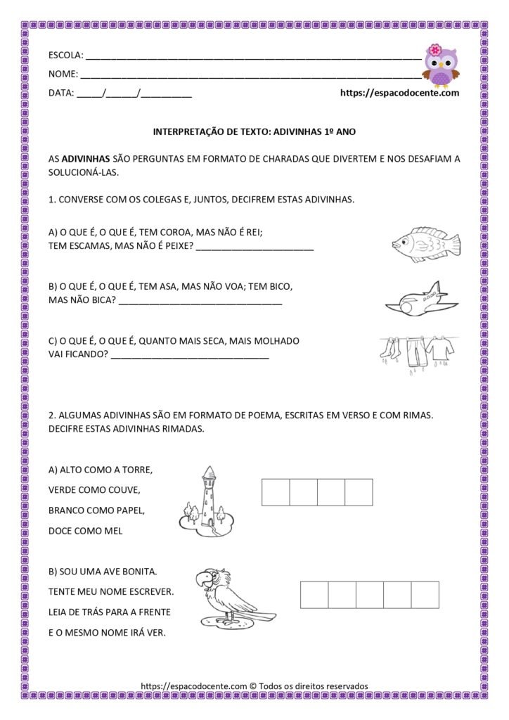 Atividades de interpretação de texto Adivinhas 1º ano do Ensino Fundamental, com planejamento alinhado à BNCC.
